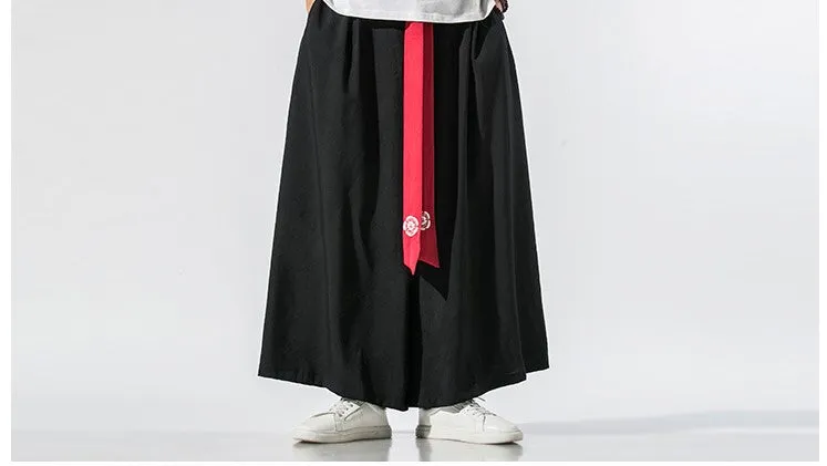 Black Skirt Pants with Red Waist Sash