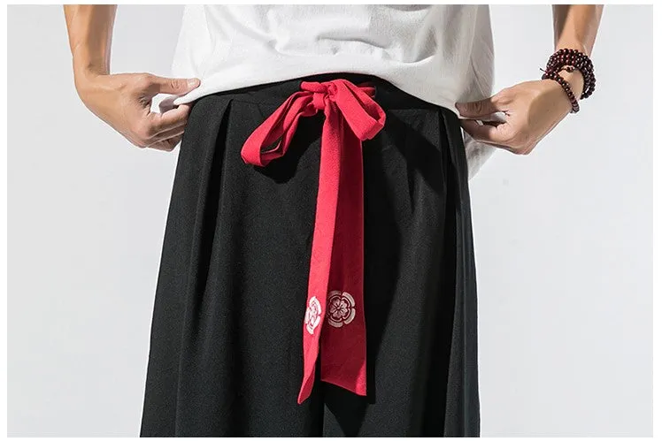 Black Skirt Pants with Red Waist Sash