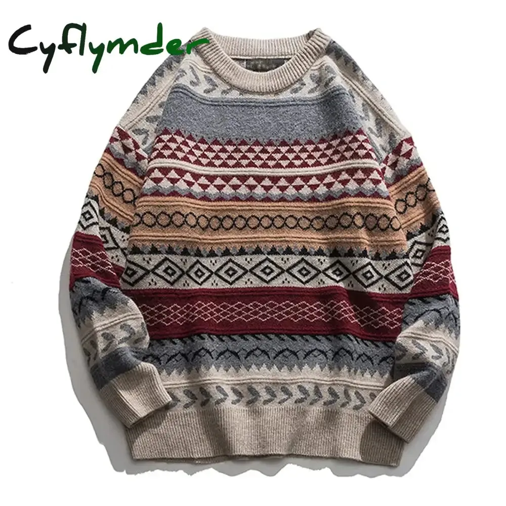 Cyflymder Cashmere Sweater For Men Oversized Striped Round Neck Fashion Pullovers Lazy Style Retro Casual Harajuku Kniited Sweater Unisex