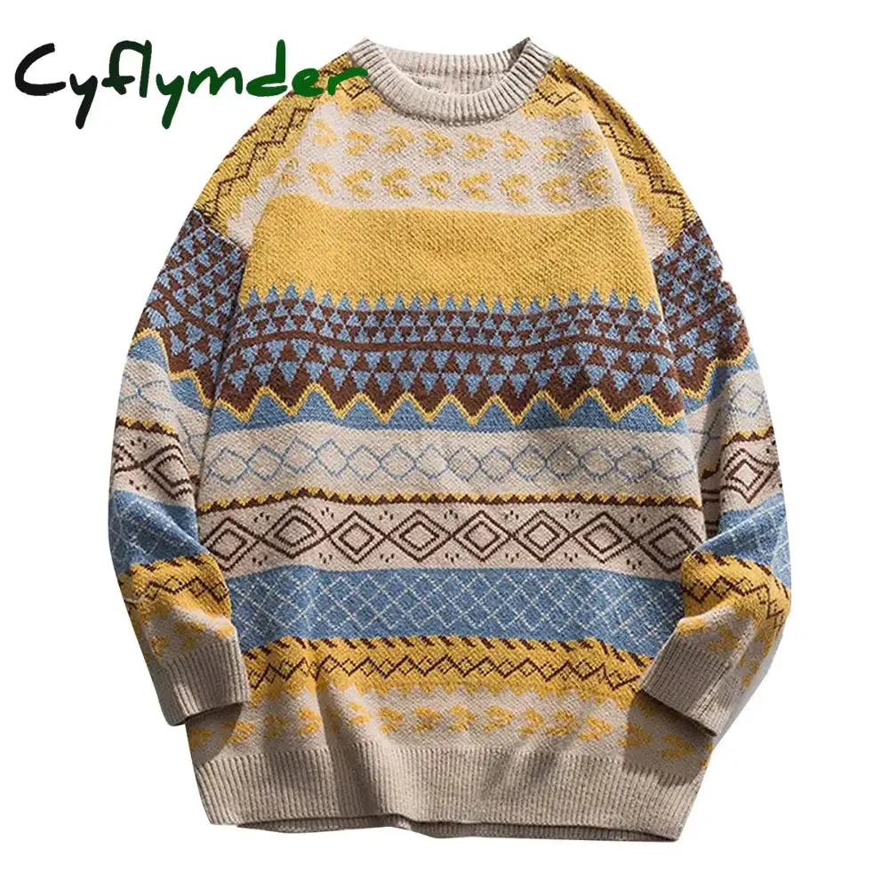 Cyflymder Cashmere Sweater For Men Oversized Striped Round Neck Fashion Pullovers Lazy Style Retro Casual Harajuku Kniited Sweater Unisex