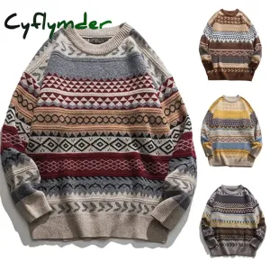 Cyflymder Cashmere Sweater For Men Oversized Striped Round Neck Fashion Pullovers Lazy Style Retro Casual Harajuku Kniited Sweater Unisex