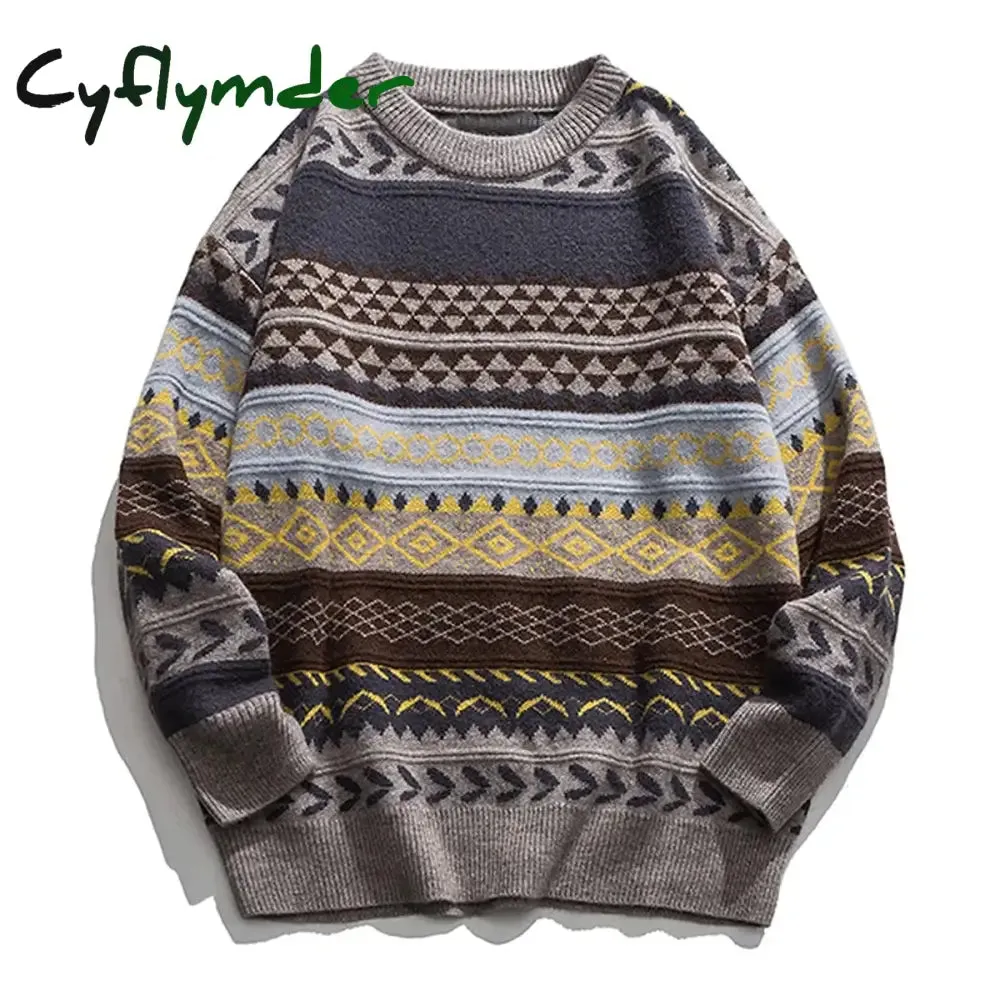 Cyflymder Cashmere Sweater For Men Oversized Striped Round Neck Fashion Pullovers Lazy Style Retro Casual Harajuku Kniited Sweater Unisex