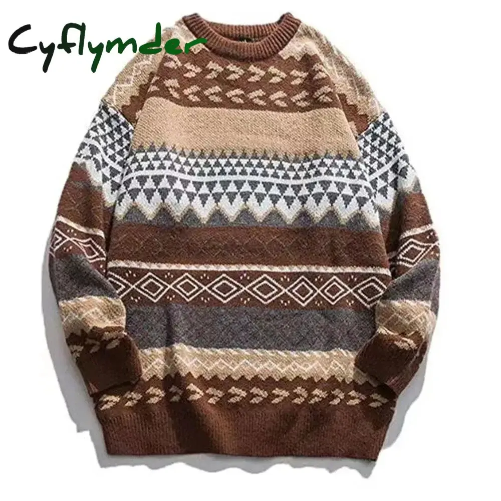 Cyflymder Cashmere Sweater For Men Oversized Striped Round Neck Fashion Pullovers Lazy Style Retro Casual Harajuku Kniited Sweater Unisex