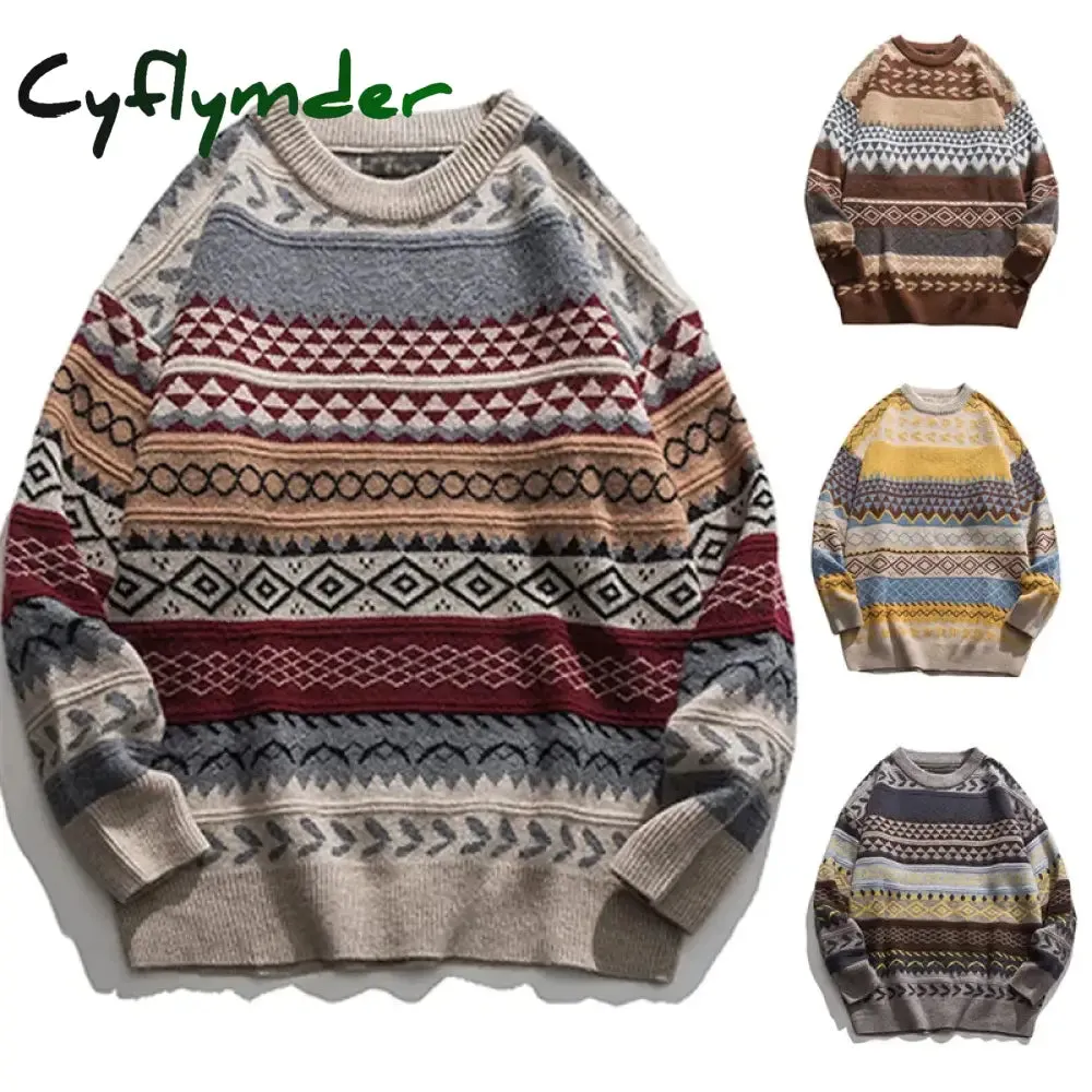 Cyflymder Cashmere Sweater For Men Oversized Striped Round Neck Fashion Pullovers Lazy Style Retro Casual Harajuku Kniited Sweater Unisex