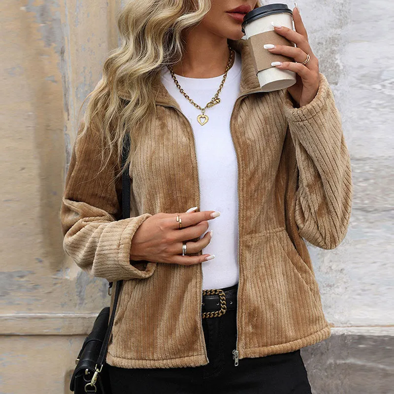 Lapel Plush Pocket Zip Solid Jackets Wholesale Womens Clothing N3824091200046