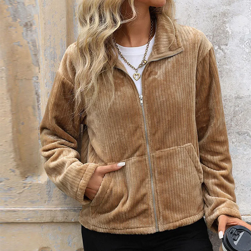 Lapel Plush Pocket Zip Solid Jackets Wholesale Womens Clothing N3824091200046