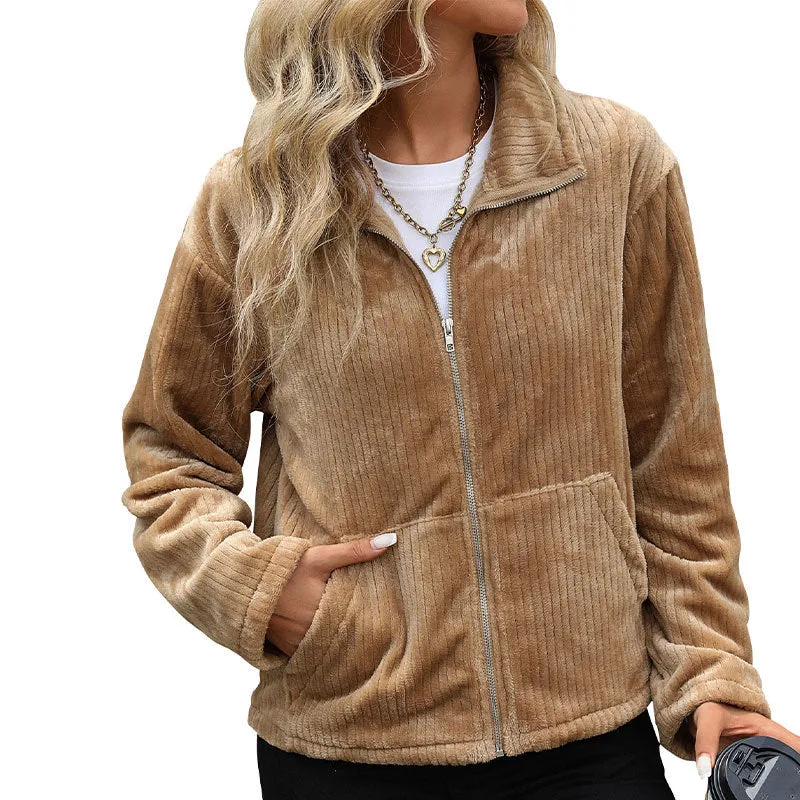 Lapel Plush Pocket Zip Solid Jackets Wholesale Womens Clothing N3824091200046